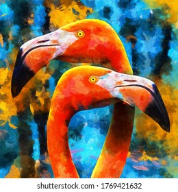 modern oil painting of lovely couple orange flamingos on blue background. artist collection of animal painting for decoration and interior, canvas art, 