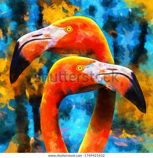 modern oil painting of lovely couple orange flamingos on blue background. artist collection of animal abstract wall murals, canvas art, 