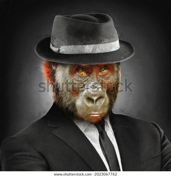 modern oil painting of monkey\
in a business suit with tie and Cigarettes, artist collection of\
animal painting for decoration and interior, canvas art, abstract.\
mafia