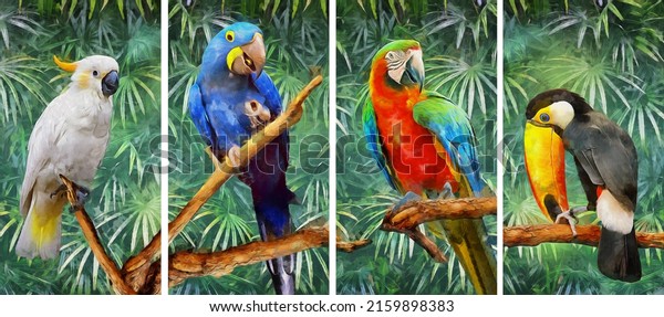 modern oil painting of parrots. cockatoo, macaw, toucan, hyacinth, artist collection of animal painting for decoration and interior, canvas art, abstract.