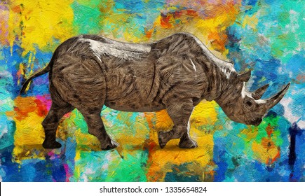 Modern Oil Painting Of Rhino, Artist Collection Of Animal Painting For Decoration And Interior, Canvas Art, Abstract Rhinoceros On Colorful Background