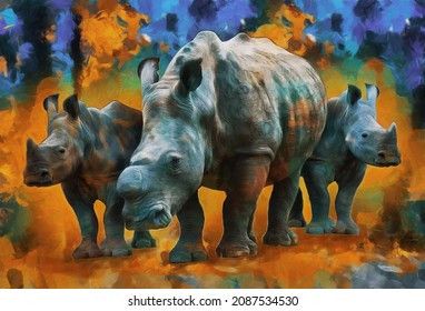 Modern Oil Painting Of Rhino, Artist Collection Of Animal Painting For Decoration And Interior, Canvas Art, Abstract.