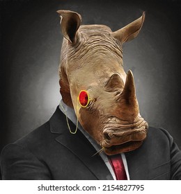 Modern Oil Painting Of Rhino In A Business Suit With Tie And Monocle Glasses, Artist Collection Of Animal Painting For Decoration And Interior, Canvas Art, Abstract. Mafia. Vintage