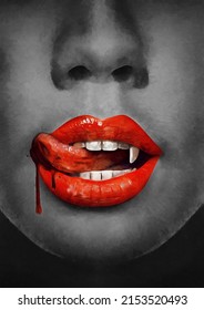 modern oil painting of Sexy Vampire Woman lips with blood. Fashion Glamour Halloween art design. Dripping blood on mouth. painting collection for decoration and interior. canvas art