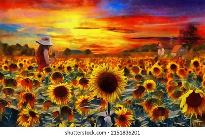 modern oil painting of Sunflower field with girl and cottage in sunset. artist collection of painting for decoration and interior, canvas art, abstract.