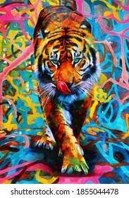 modern oil painting of tiger, artist collection of animal painting for decoration and interior, canvas art, abstract.
