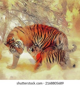 Modern Oil Painting Of Tiger, Artist Collection Of Animal Painting For Decoration And Interior, Canvas Art, Abstract. Japanese