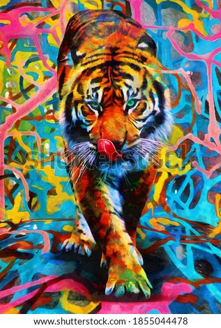 modern oil painting of tiger, artist collection of animal painting for decoration and interior, canvas art, abstract.