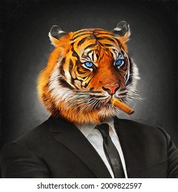Modern Oil Painting Of Tiger In A Business Suit With Tie And Cigarettes, Artist Collection Of Animal Painting For Decoration And Interior, Canvas Art, Abstract. Mafia