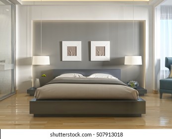 Modern one double bed front view, with a niche at the head and two hanging lamps over bedside tables. 3D render.