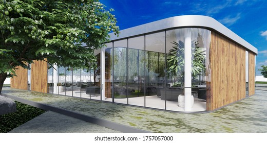 A Modern One-story Office Building, With A Glass Facade And Wooden Planks. 3D Rendering.