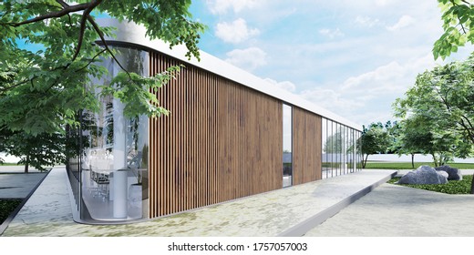 A Modern One-story Office Building, With A Glass Facade And Wooden Planks. 3D Rendering.