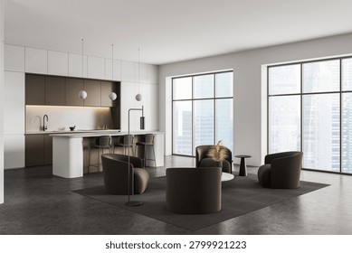 Modern open kitchen with lounge seating in minimalist style on bright cityview background, presenting a concept of elegant contemporary living. 3D Rendering