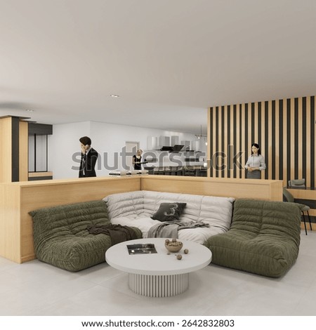 Modern open office space featuring a stylish lounge with green and white modular sofas, a round coffee table, wood panel walls, and professionals in a collaborative environment