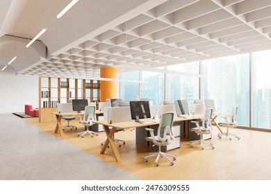 Modern open office space with white walls and natural light, concept of workspace productivity.  3D Rendering - Powered by Shutterstock