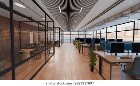 Modern open plan office interior with glass meeting rooms, desktop computers and collaborative workstations in a spacious corporate business environment.