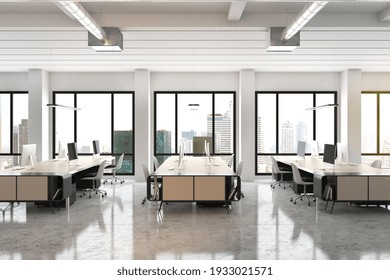 Modern open space office with city skyscrapers view from big window, wooden furniture and glossy concrete floor. 3D rendering