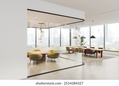 Modern open space office with large windows showcasing a city view. Features contemporary furniture and clean design. Concept of a productive workspace. 3D Rendering - Powered by Shutterstock