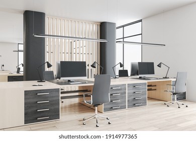 Modern open workspace with wooden furniture and floor, computers, light walls and ceiling. 3D rendering
