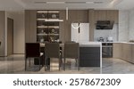 Modern Open-Concept Kitchen and Dining Area with Glass-Fronted Cabinet