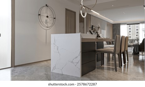  Modern Open-Concept Kitchen and Dining Area with Marble Island