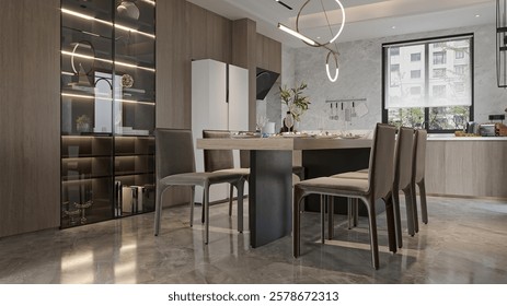  Modern Open-Concept Kitchen and Dining Room with Geometric Pendant Light