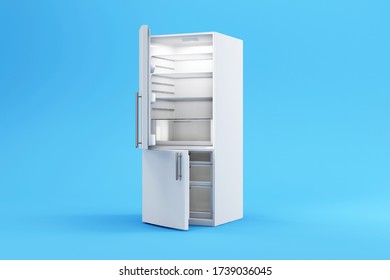Modern Opened White Refrigerator on Blue Studio Background. 3D Rendering
