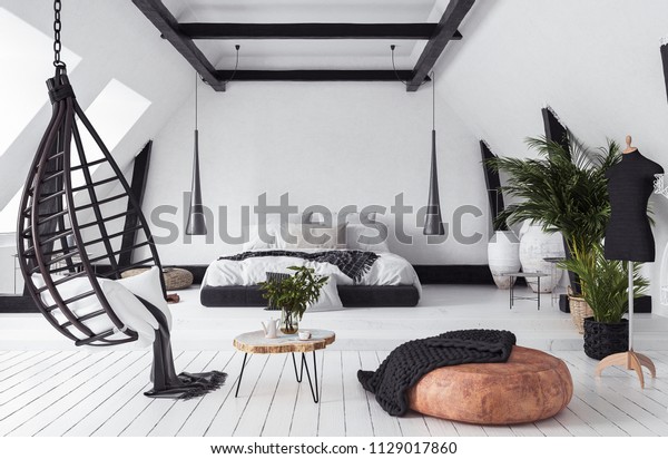 Moderne Offene Wohnung Auf Dem Dachboden Stockillustration 1129017860