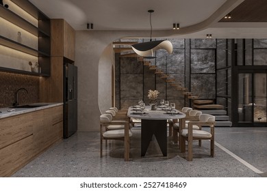 Modern Open-Plan Dining Room with Floating Staircase and Minimalist Design