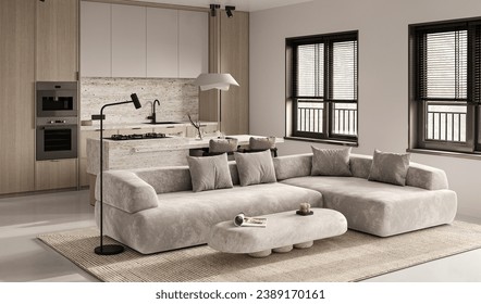 Modern open-plan living with Integrated kitchen space. 3D Illustration