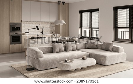Modern open-plan living with Integrated kitchen space. 3D Illustration
