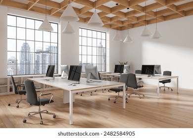 Modern open-plan office with computer desks and chairs, wooden ceiling, large windows, city background, concept of contemporary workspace.  3D Rendering