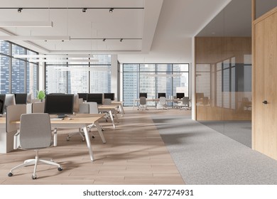 Modern open-plan office space with wood and glass elements, bright lighting, cityscape background, concept of contemporary workspace. 3D Rendering - Powered by Shutterstock