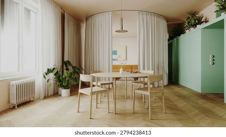 A modern, open-plan residential interior featuring a light wood round dining table and four chairs set on a herringbone wood floor. To the left, a large window is covered by sheer white curtains next to a white radiator and a potted Monstera plant. In the center, a circular ceiling track holds sheer white curtains that act as a room divider, partially revealing a living area with a yellow sofa and abstract art. On the right, a mint green architectural volume stands with several potted plants arranged on its top edge. The space is illuminated by bright natural light and features a soft pastel color palette with peach-toned walls and ceilings. The image is a 3D architectural render.