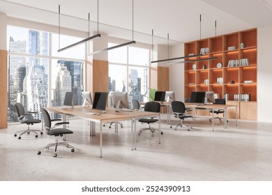 Modern open-space office with multiple workstations, chairs, and large windows showcasing a cityscape background. Concept of contemporary coworking space. 3D Rendering