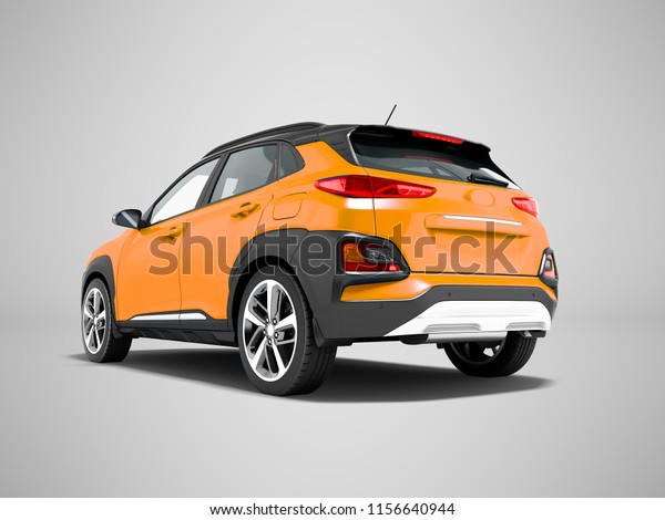 Modern orange car crossover for city tours 3D\
render on gray background with\
shadow