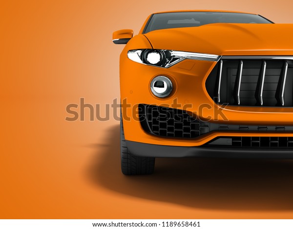 Modern orange car crossover viewer\
half auto 3d render on orange background with\
shadow