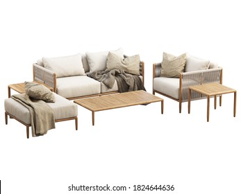 Modern Outdoor Furniture Set With Decor On White Background. Outdoor Wooden Loveseat Sofa And Lounge Chair With Wicker Back And Armrest. Modern Wooden Legs Ottoman And Coffee Tables. 3d Render