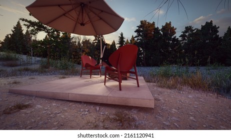 Modern Outdoor Lounge Chair With Umbrella On The Floor Concrete Lawn And Forest Background Architecture Concepts 3d Illustration