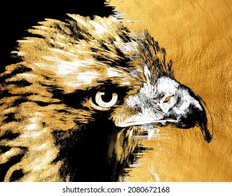 modern painting of eagle face. The texture of the oriental style of gray and gold canvas with an abstract pattern. artist collection of animal painting for decoration and interior, canvas art.
