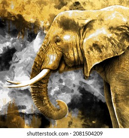 modern painting of elephant face. The texture of the oriental style of gray and gold canvas with an abstract pattern. artist collection of animal painting for decoration and interior, canvas art.