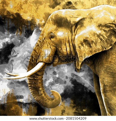 modern painting of elephant face. The texture of the oriental style of gray and gold canvas with an abstract pattern. artist collection of animal painting for decoration and interior, canvas art.