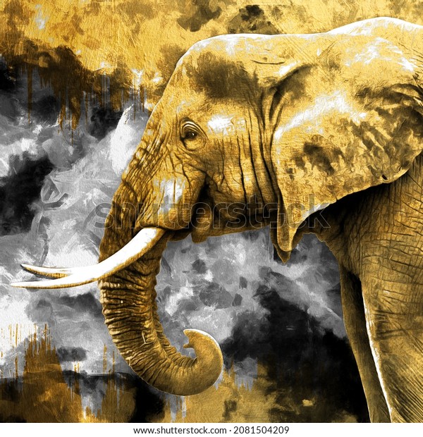 modern painting of elephant face. The texture of the\
oriental style of gray and gold canvas with an abstract pattern.\
artist collection of animal painting for decoration and interior,\
canvas art.