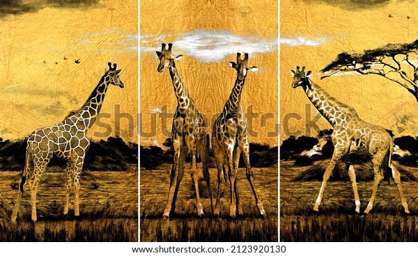 modern mural painting giraffe in forest. The texture of the African style of gray and gold canvas with an abstract pattern. artist collection of animal painting for decoration and interior, canvas art.