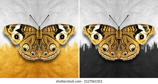 Modern Painting Of Golden Butterfly . The Texture Of The Oriental Style Of Gray And Gold Canvas With An Abstract Pattern. Artist Collection Of Animal Painting For Decoration And Interior, Canvas Art.