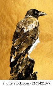 modern painting of golden Crow. The texture of the oriental style of gray and gold canvas with an abstract pattern. artist collection of animal painting for decoration and interior, canvas art.