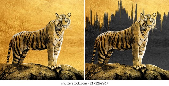 modern painting of golden Indian Bengal tiger standing on rock. The texture of the oriental style of gray and gold canvas with an abstract pattern. artist collection of animal painting for decoration