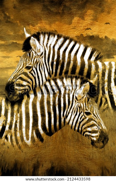 modern painting of golden love zebra. The texture of the oriental style of gray and gold canvas with an abstract pattern. artist collection of animal painting for decoration and interior, canvas art.