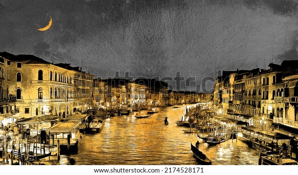 modern painting of golden night view on the beautiful Venice, Italy. The texture of the oriental style of gray and gold canvas with an abstract pattern. artist collection of gold painting 