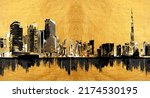 modern painting of golden panorama of Dubai town near the sea. The texture of the oriental style of gray and gold canvas with an abstract pattern. artist collection of gold painting for decoration
